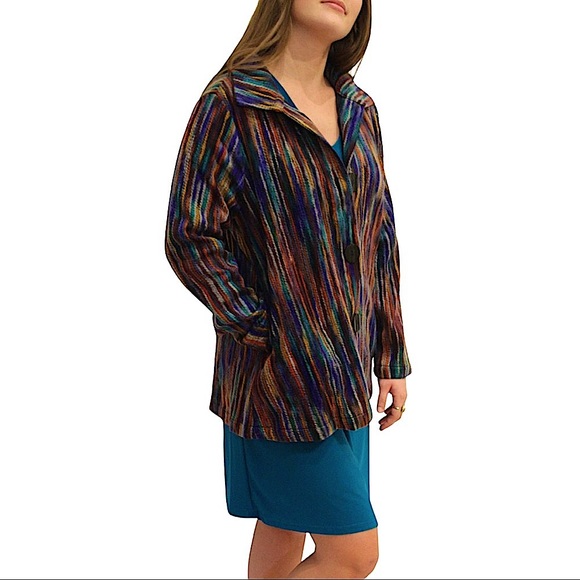 Habitat-Clothes To Live In, size large, retro boho jacket, rainbow yarn stripes - Picture 2 of 16
